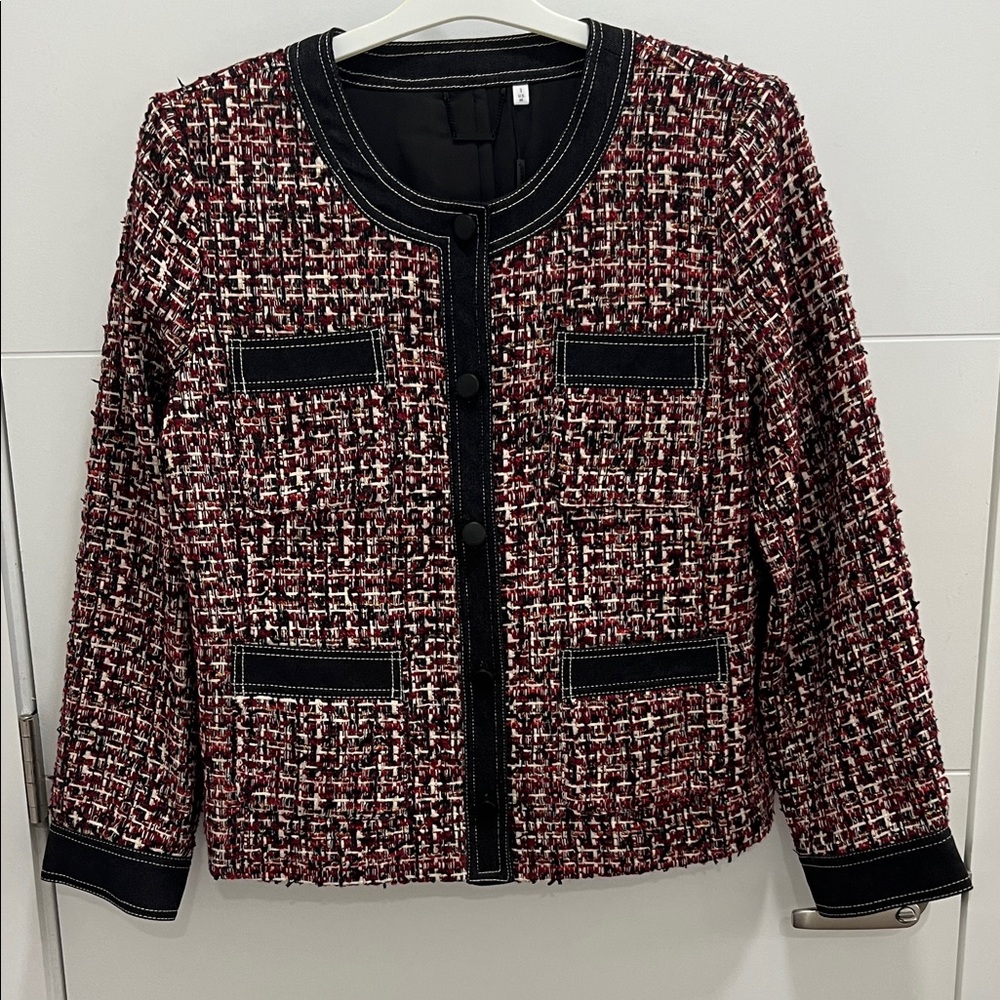 Chico's Burgundy and Black Tweed Denim Trim Jacket Blazer Medium 8/10 New